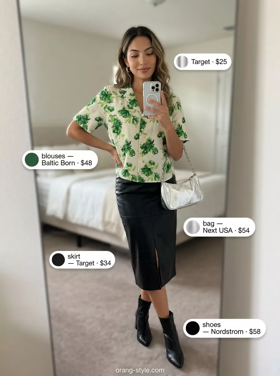 Bohemian Floral Summer Blouses 2026 Green floral summer blouse 2026 with a faux leather midi skirt, ankle boots, and hoop earrings for a modern bohemian look.