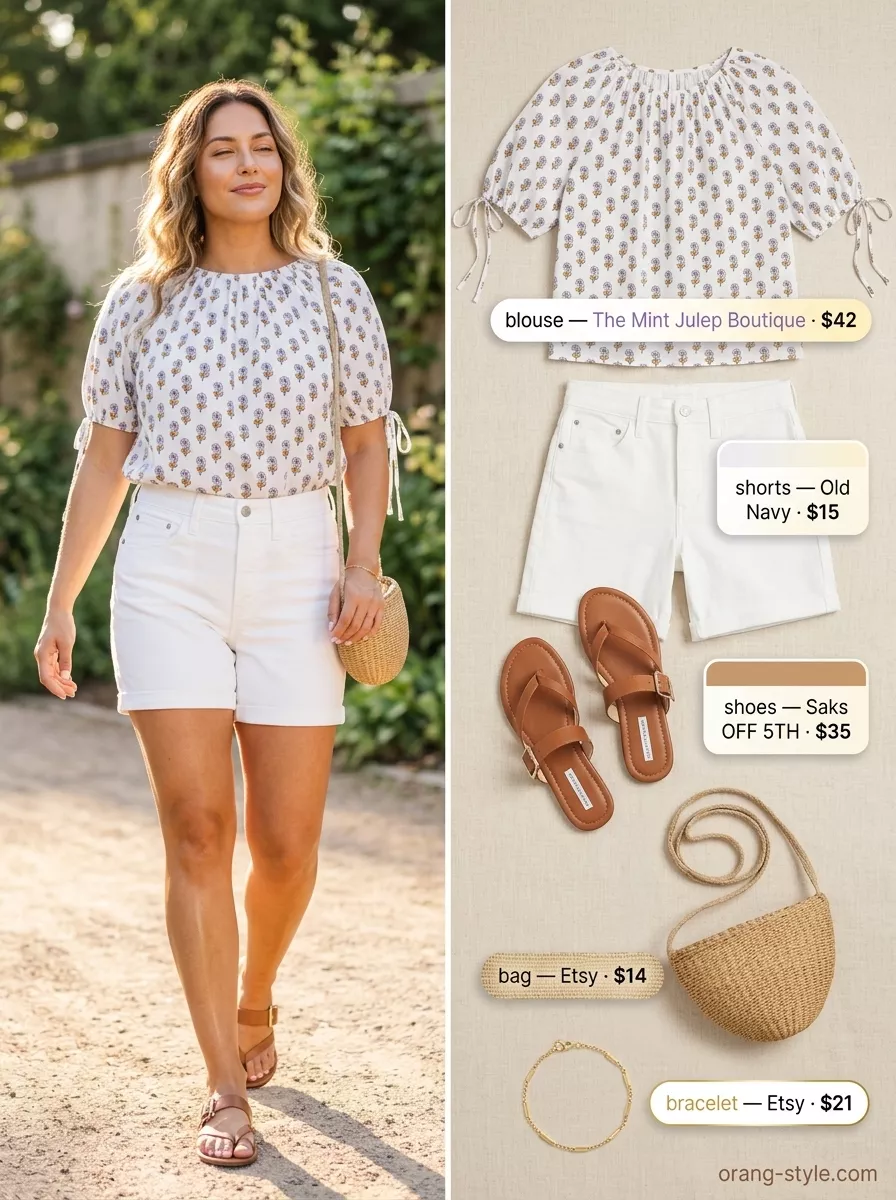 Sweet Floral Summer Blouses 2026: Picnic Perfect Pastel floral summer blouse 2026 with denim shorts for a picnic. Sweet, feminine outfit.