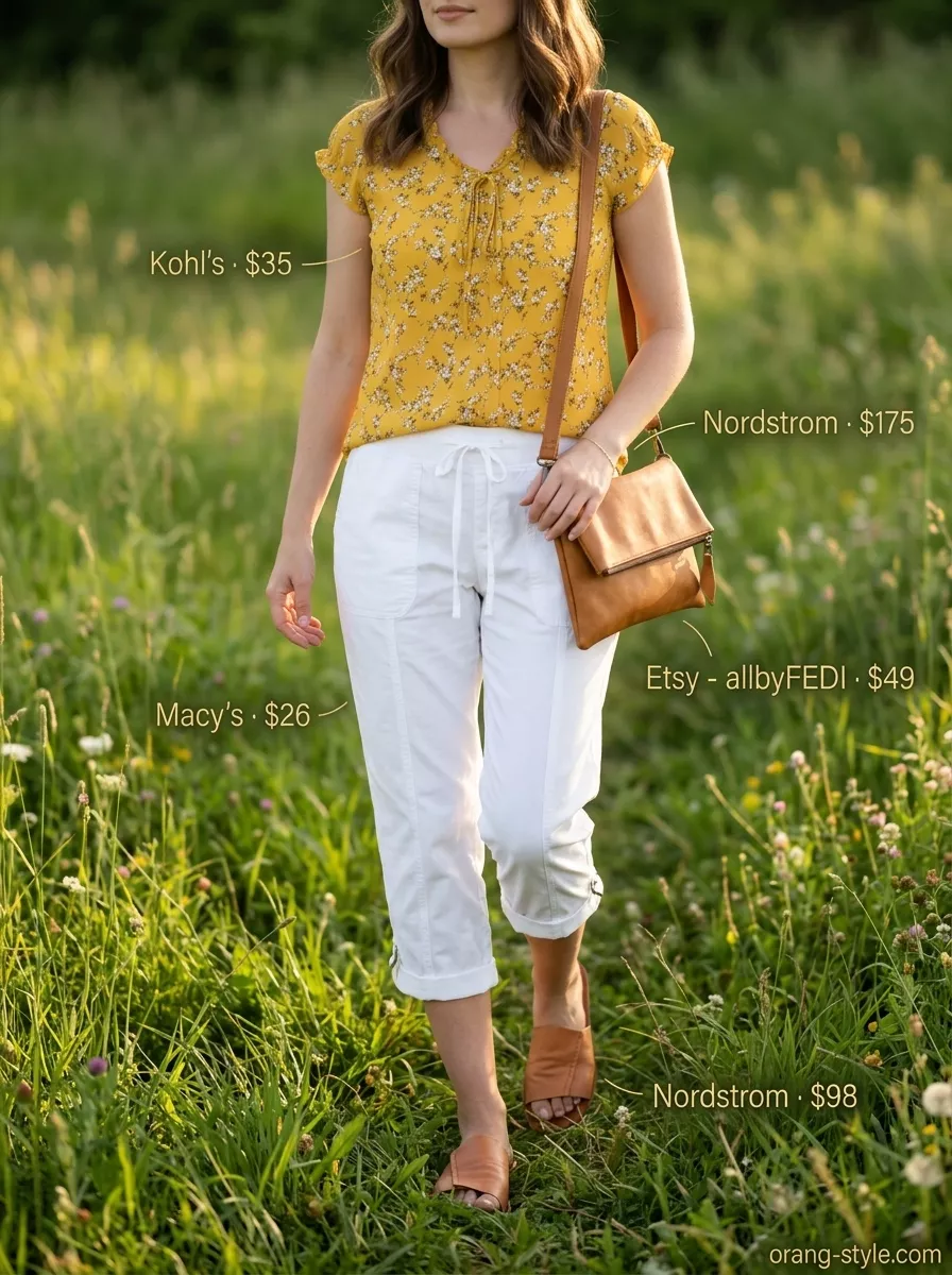 Floral Summer Blouses 2026: Meadow Breeze Style Cheerful floral summer blouse 2026 for casual outings with capri pants, slide sandals, and crossbody bag.