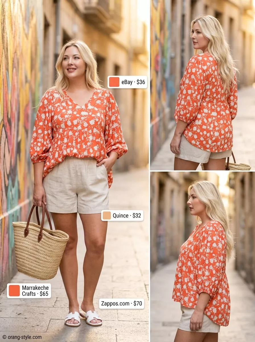 Vacation Floral Summer Blouses 2026 Coral floral summer blouse 2026 with linen shorts, straw hat, and sandals for a relaxed vacation look.