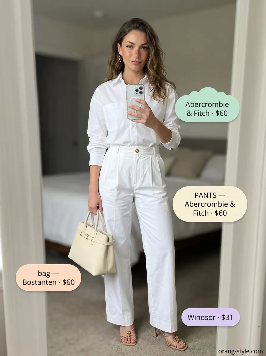 Chic White Cotton Outfit 2026 Chic white cotton outfit: wide-leg pants and oversized shirt for hot summer cotton outfits for women 2026.