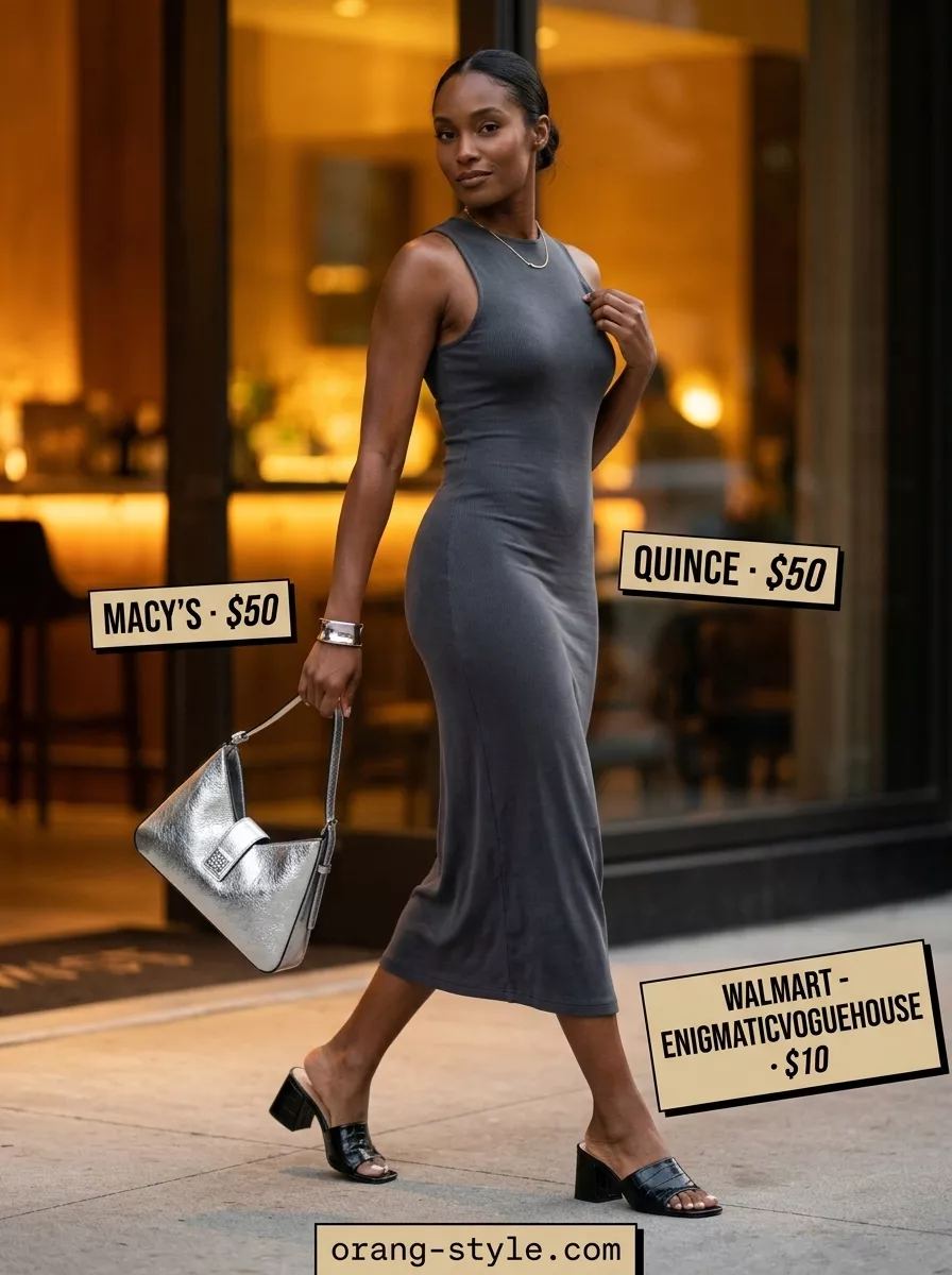 Minimalist Midi Cotton Outfit 2026 Hot summer cotton outfits for women 2026: Charcoal midi dress, black mules, silver bag for evening.