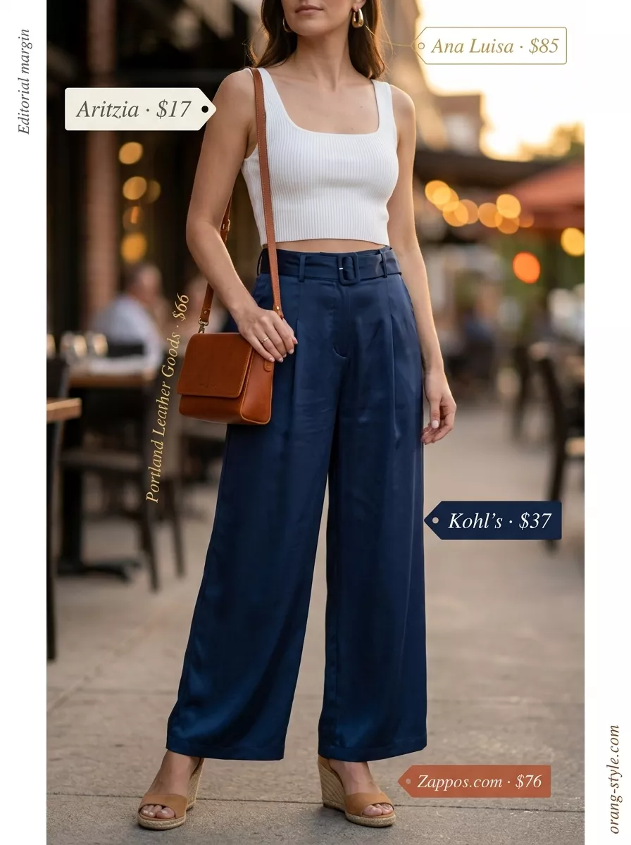 Wide-Leg Pants Cotton Outfit 2026 Hot summer cotton outfits for women 2026: Navy wide-leg pants, white crop top, espadrilles for dinner.