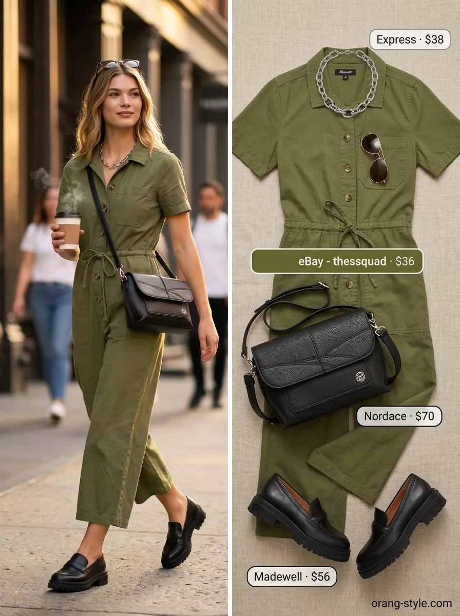Jumpsuit Cotton Outfit 2026 Hot summer cotton outfits for women 2026: Olive green utility jumpsuit, black loafers, crossbody bag for travel.