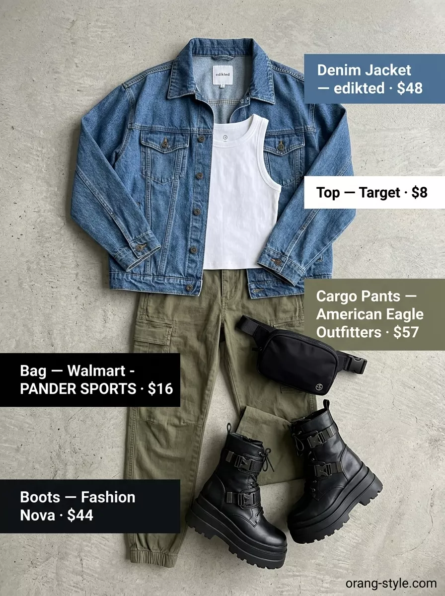City Explorer Cargo Outfit 2026 Khaki cargo pants, white tank, denim jacket. Hot summer cotton outfits for women 2026.