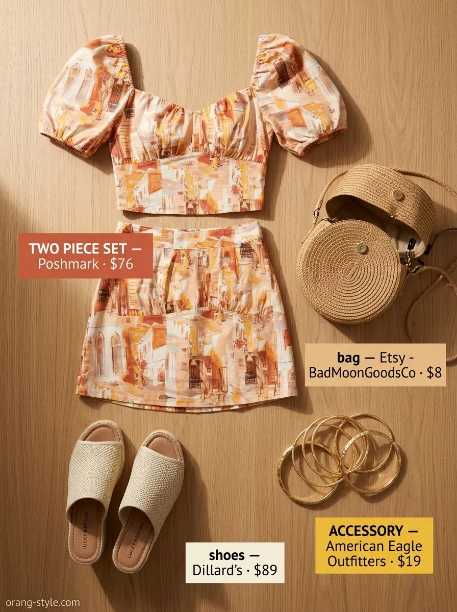 Chic Co-ord Summer Set 2026 Coral abstract print cotton set with espadrilles. Hot summer cotton outfits for women 2026.