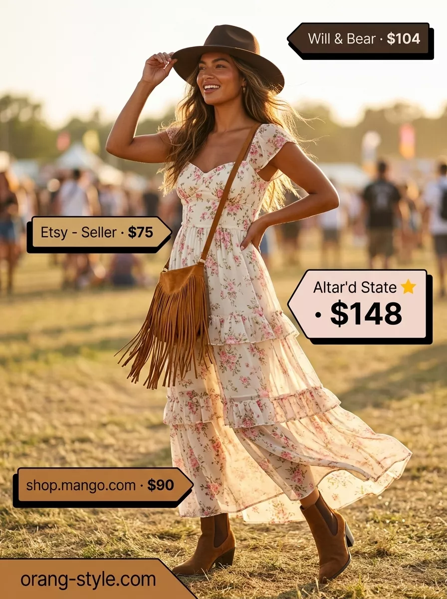 Boho Maxi Dream Outfit 2026 Multicolor floral maxi dress with suede boots and fringe bag. Hot summer cotton outfits for women 2026.