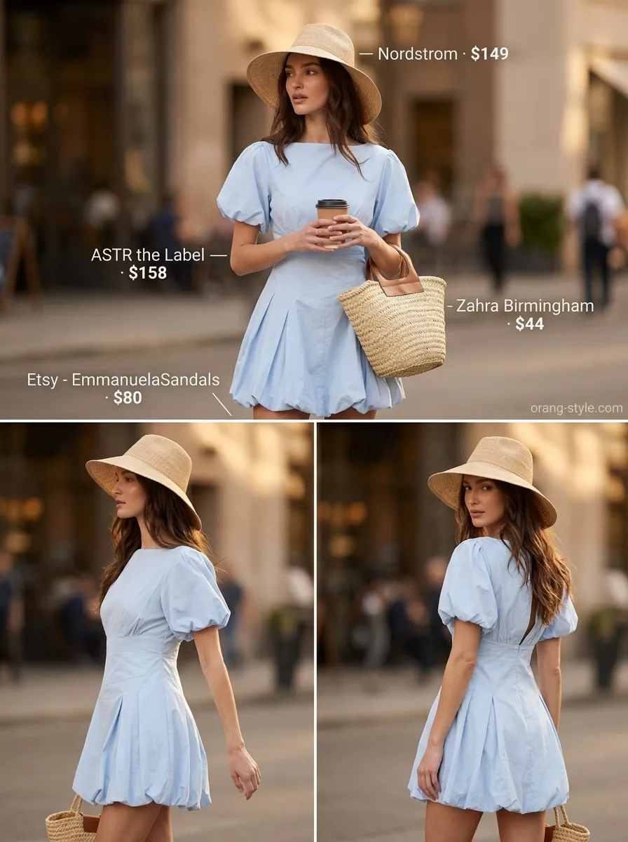 Coastal Getaway Mini Dress 2026 Sky blue cotton voile mini sundress with straw hat and slides. Hot summer cotton outfits for women 2026.