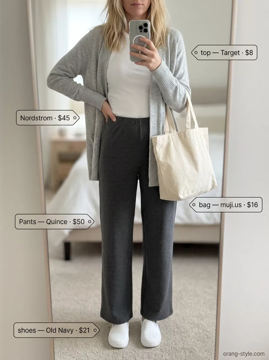 Weekend Wanderer Pants 2026 Charcoal wide-leg cotton pants, white knit tank, cardigan. Hot summer cotton outfits for women 2026.
