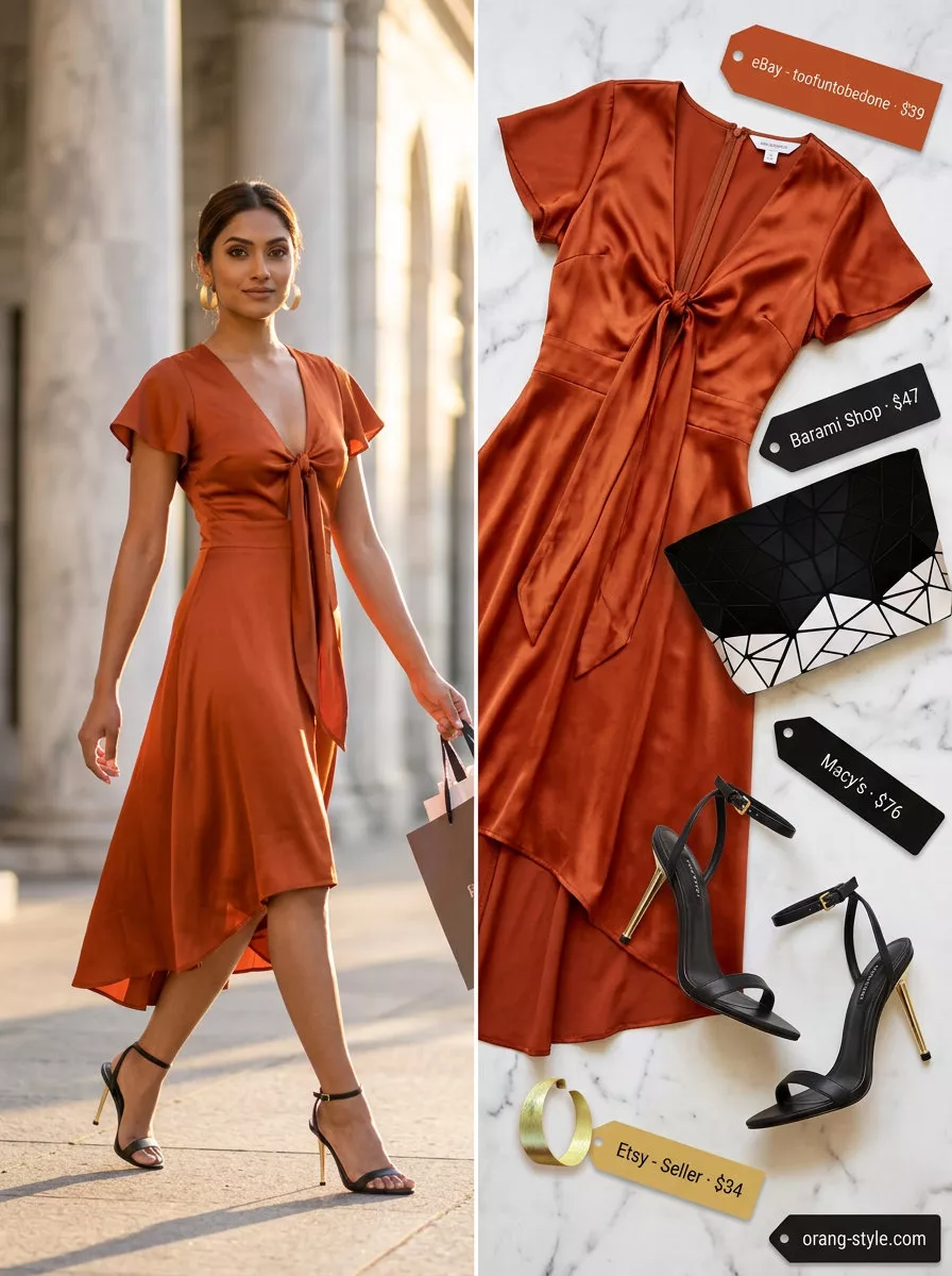 Sunset Glow Wrap Dress 2026 Mango orange satin wrap dress with black heels. Hot summer cotton outfits for women 2026.