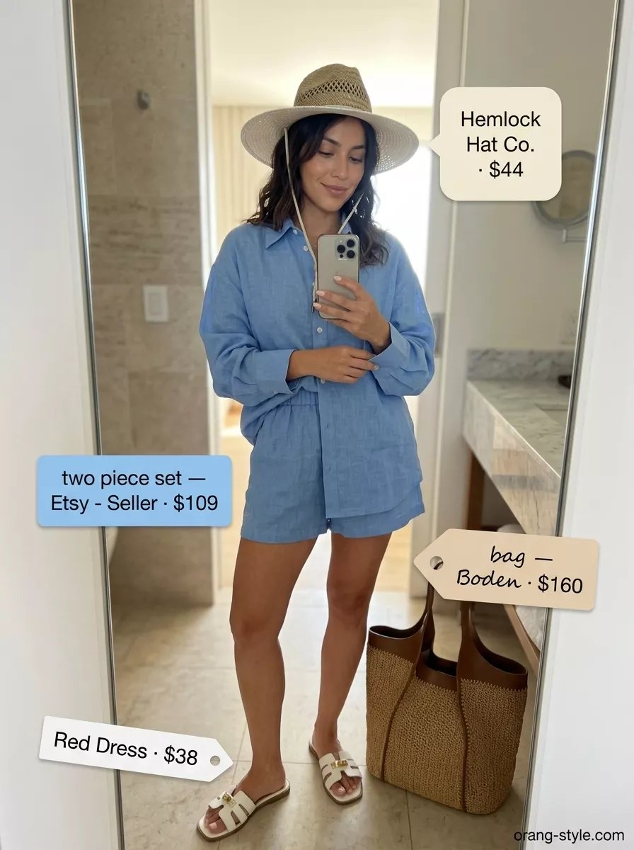 Hot weather summer outfits for women 2026: Sky blue linen set, straw hat, slide sandals for beach day.