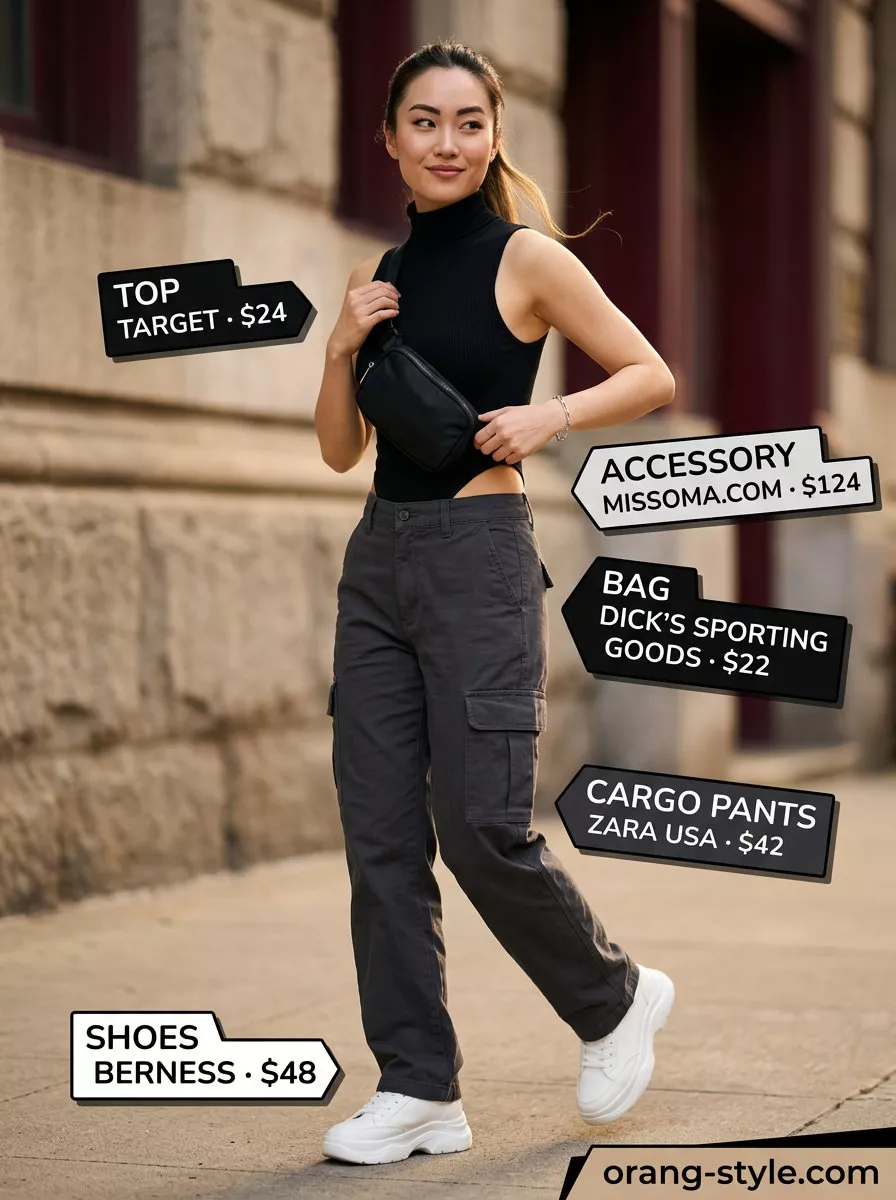 Hot weather summer outfits for women 2026: Charcoal cargo pants, white bodysuit, chunky sneakers, and belt bag for streetwear style.
