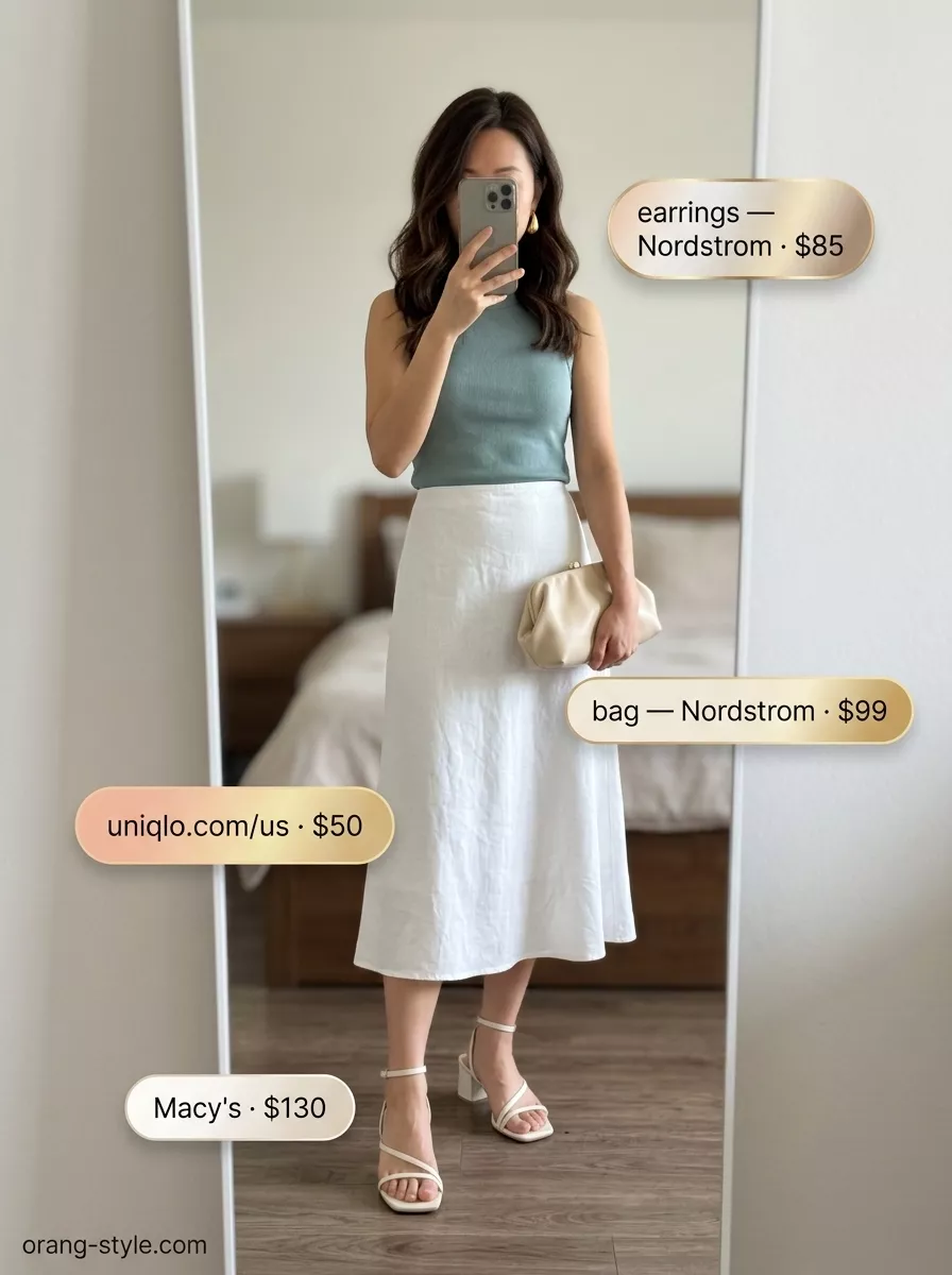 Hot weather summer outfits for women 2026: Linen midi skirt set, gold earrings, nude sandals for party.