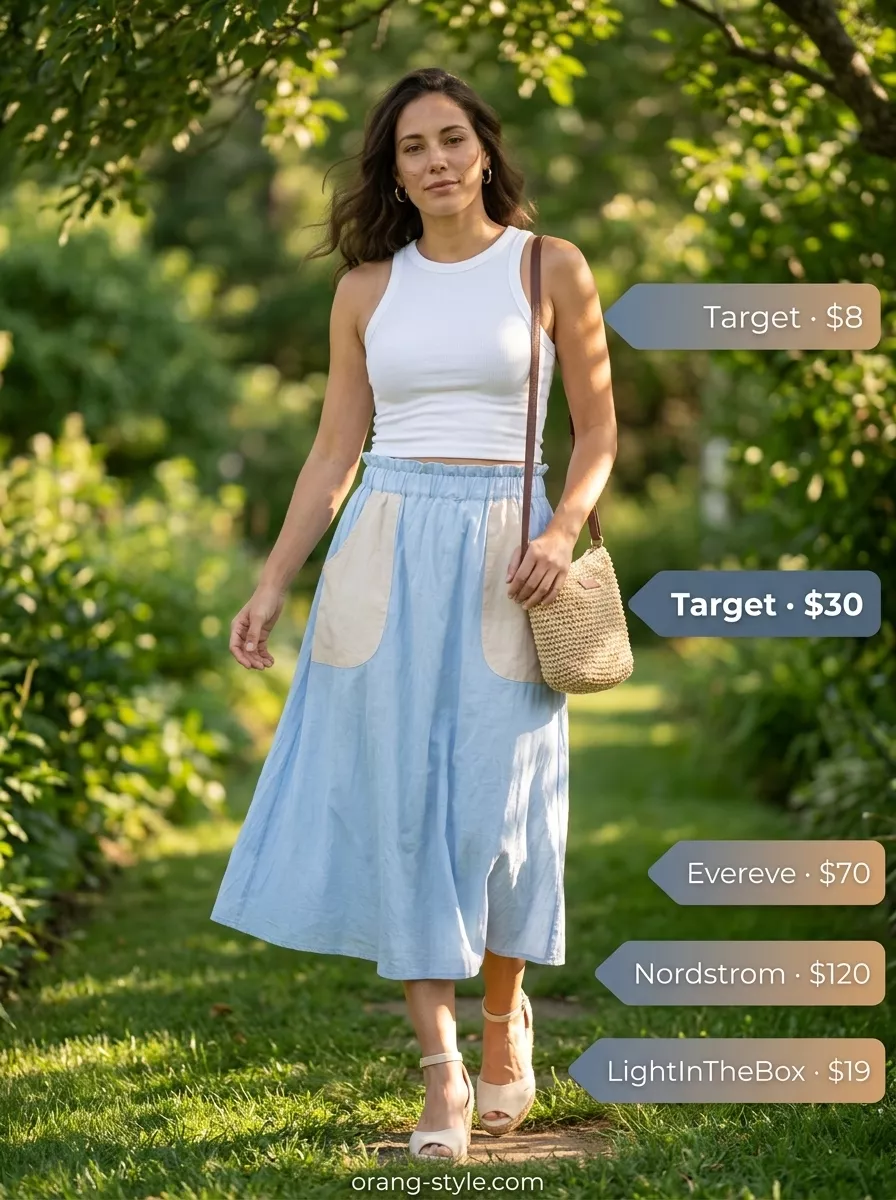 Hot weather summer outfits for women 2026: Sky blue midi skirt, white tank, espadrilles for seaside brunch.