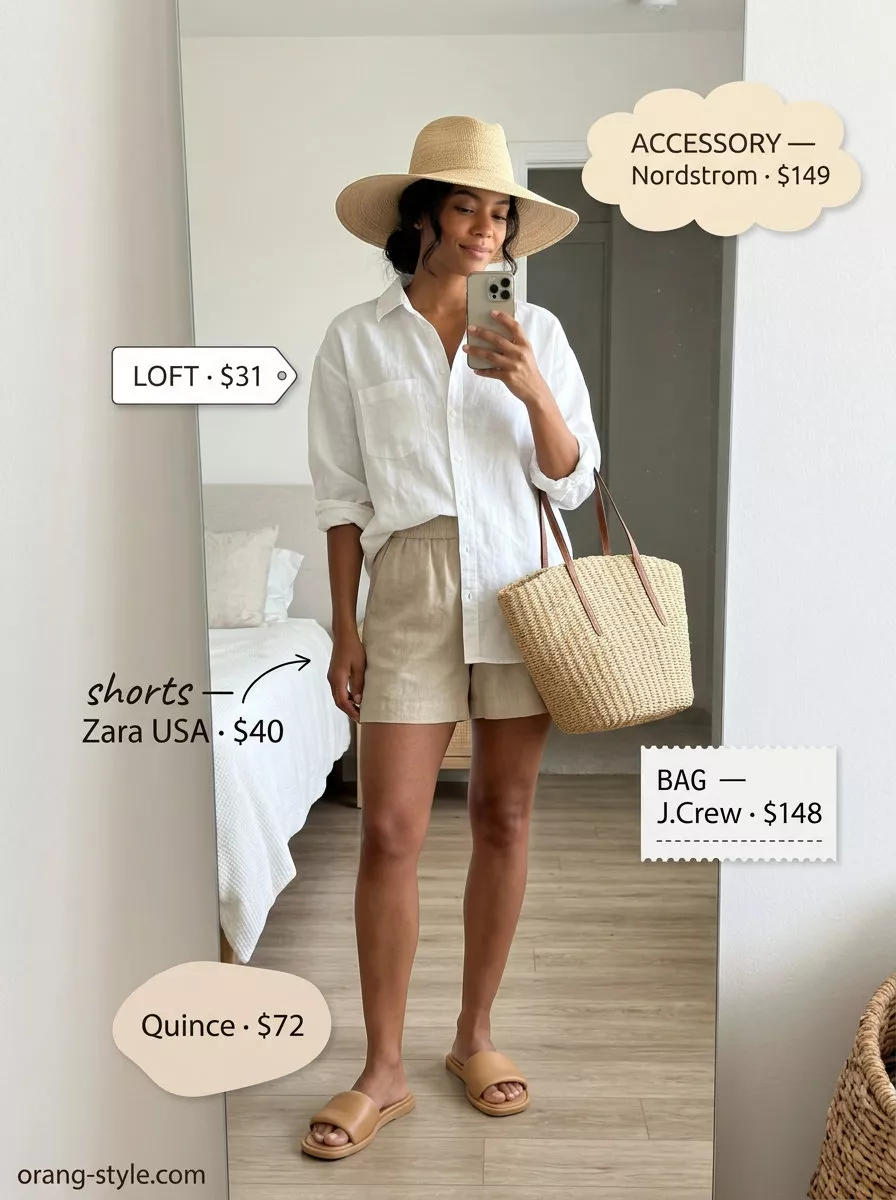 Hot weather summer outfits for women 2026: White linen shirt, beige linen shorts, straw hat for beach.