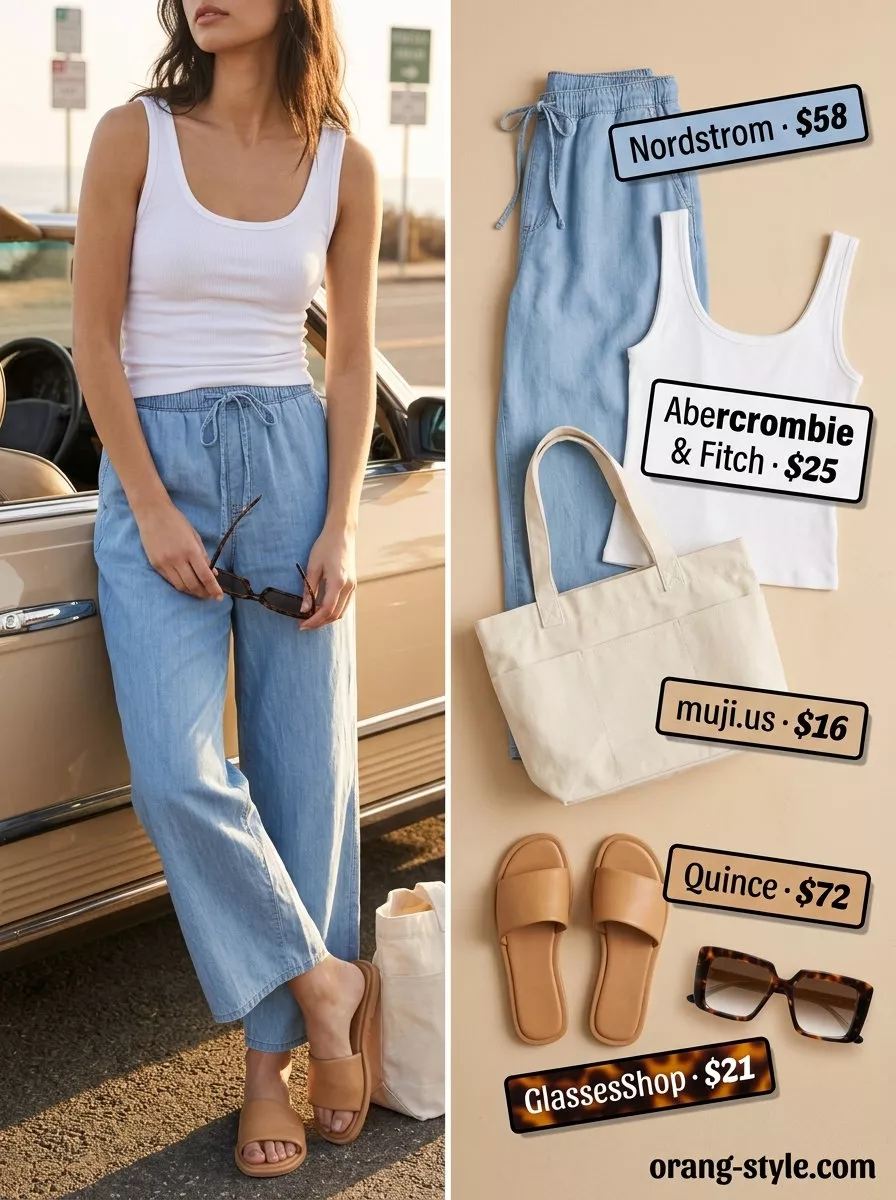 Hot weather summer outfits for women 2026: Light blue wide-leg pants, white tank, tan slides, and canvas tote for relaxed afternoons.