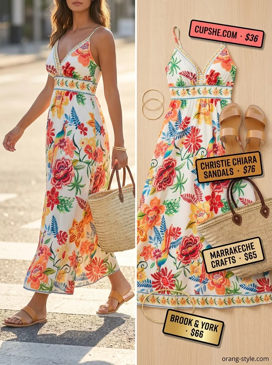 Coral floral maxi dress with straw tote and gold bangles for hot weather summer outfits for women 2026.