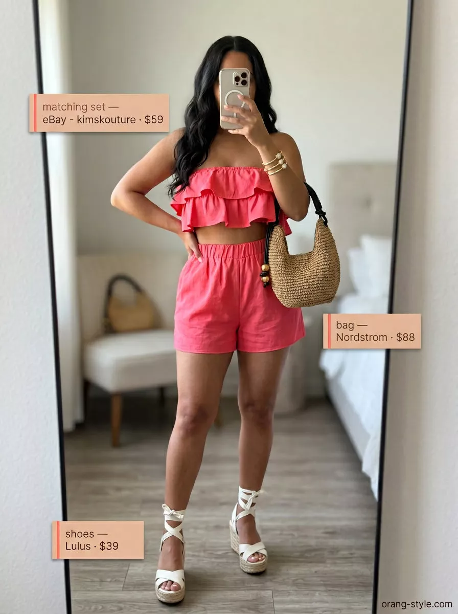 Coral pink linen bandeau set with espadrille wedges and straw crossbody for hot weather summer outfits for women 2026.