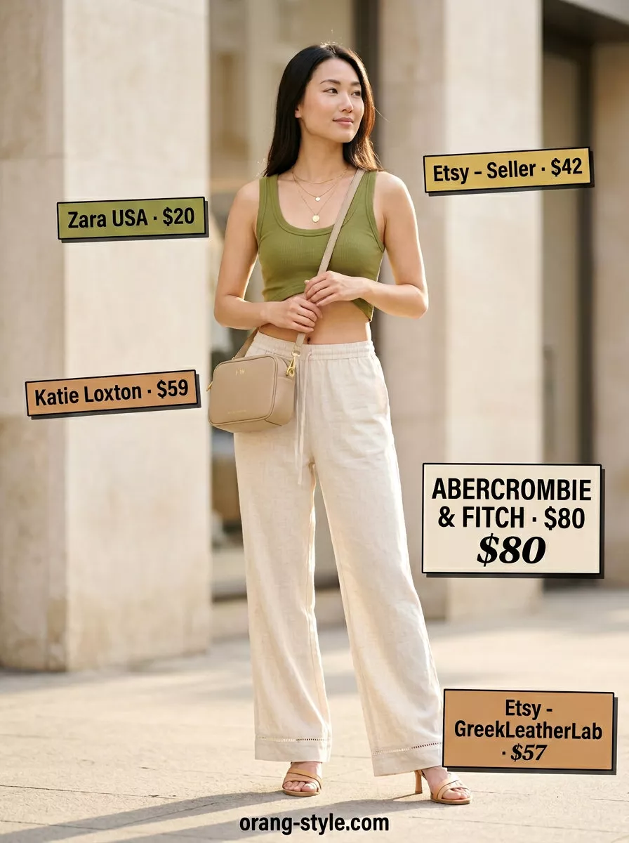 Cream linen pants with olive crop top, gold necklaces, and flat sandals for hot weather summer outfits for women 2026.