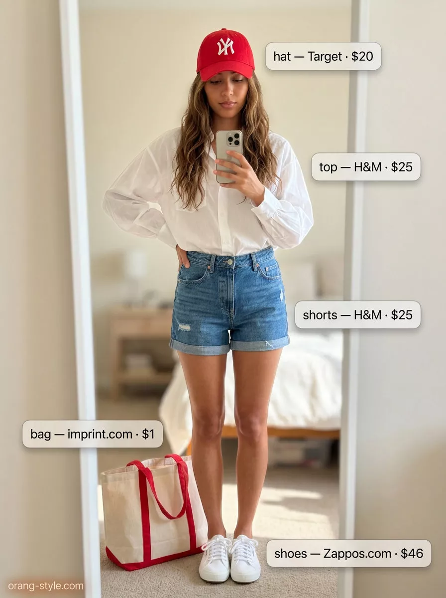 Denim shorts with oversized white shirt, red cap, and canvas tote for hot weather summer outfits for women 2026.