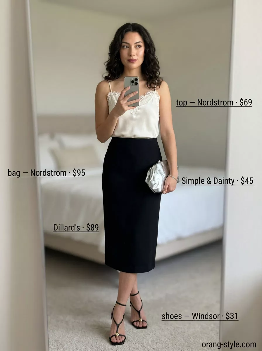 Hot weather summer outfits for women 2026: Black pencil skirt, ivory camisole, silver heels for evening.