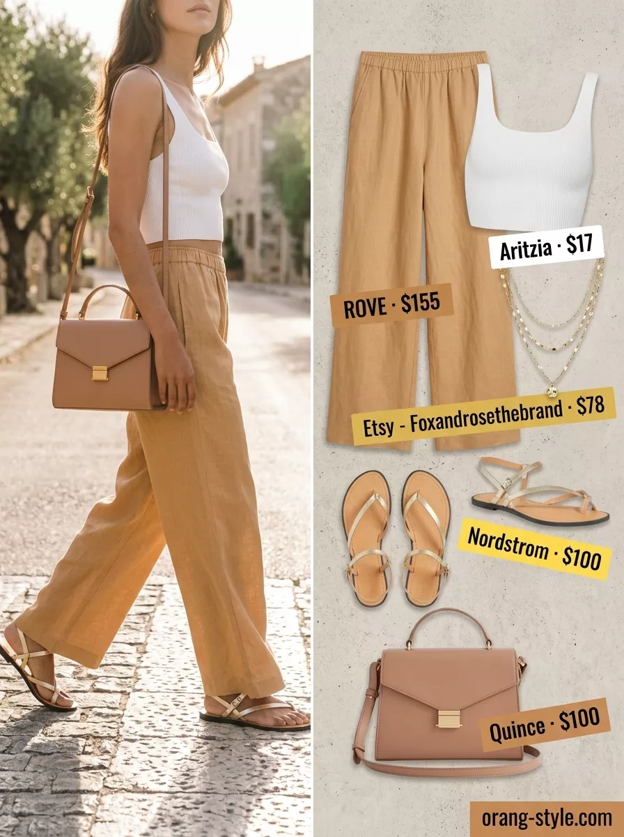 Hot weather summer outfits for women 2026: Camel linen pants, cream crop top, gold sandals for evening.