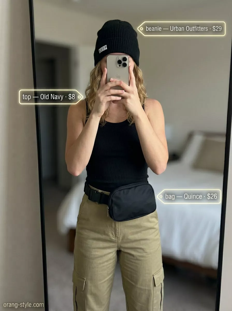 Hot weather summer outfits for women 2026: Khaki cargo pants, black tank, white sneakers, and belt bag for city exploration.