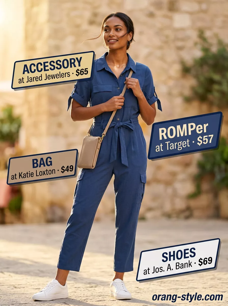 Hot weather summer outfits for women 2026: Navy utility romper, white sneakers, tan crossbody bag, and gold hoops for daytime outings.