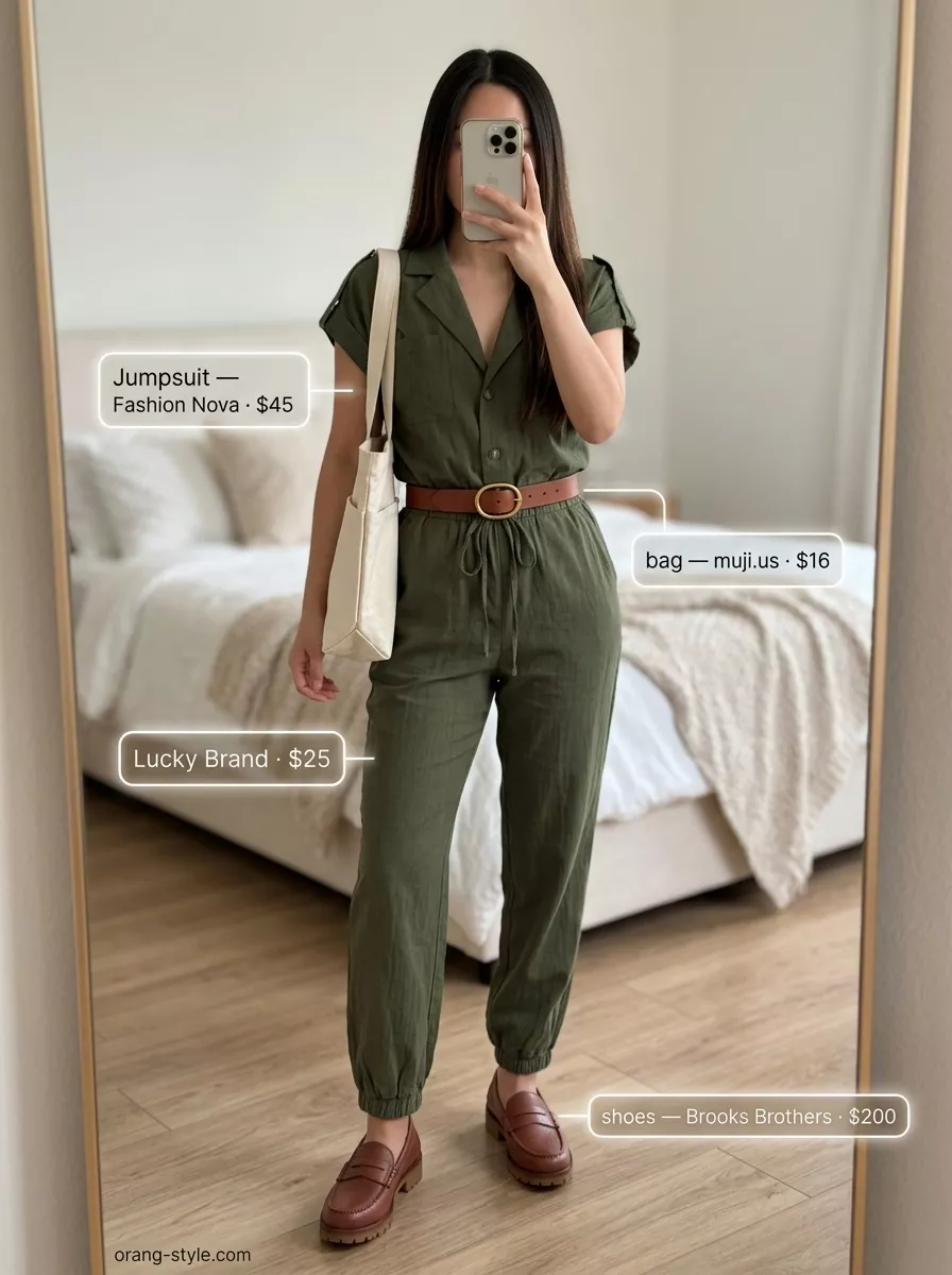 Hot weather summer outfits for women 2026: Olive green utility jumpsuit, brown loafers, and canvas tote for travel or brunch.