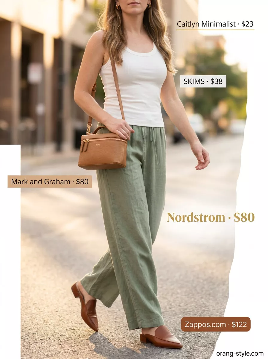 Olive green linen pants with cream tank top, gold hoops, and mules for hot weather summer outfits for women 2026.