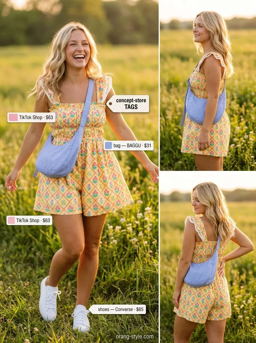 Hot weather summer outfits for women 2026: Yellow abstract print romper, white sneakers, and crossbody bag for a casual day out.