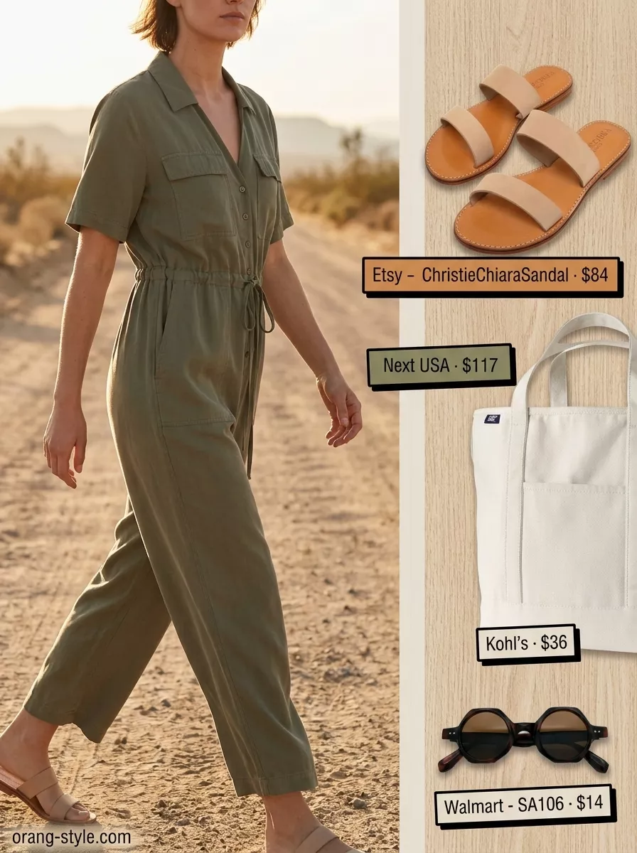 Hot weather summer outfits for women 2026: Olive green utility jumpsuit, beige slides, and canvas tote for daytime exploration or travel.