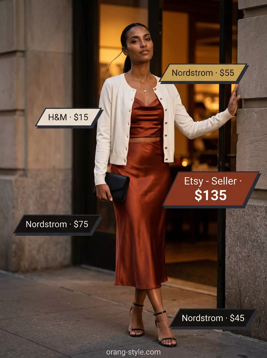 Hot weather summer outfits for women 2026: Terracotta slip dress, cream cardigan, black sandals, and clutch for date night or cocktail party.
