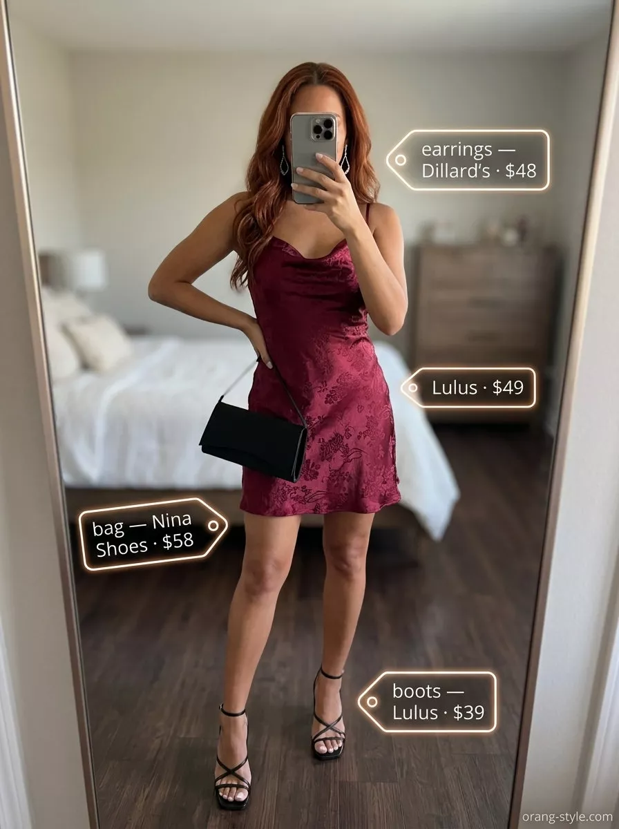 Hot weather summer outfits for women 2026: Burgundy slip dress, black heels, silver earrings for date night.