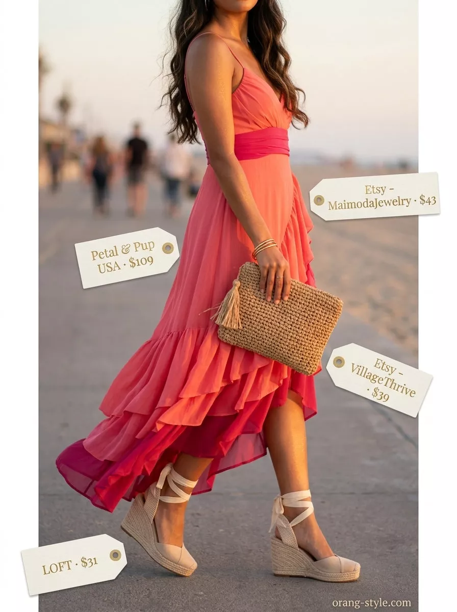 Hot weather summer outfits for women 2026: Coral maxi dress, espadrilles, straw clutch for evening event.