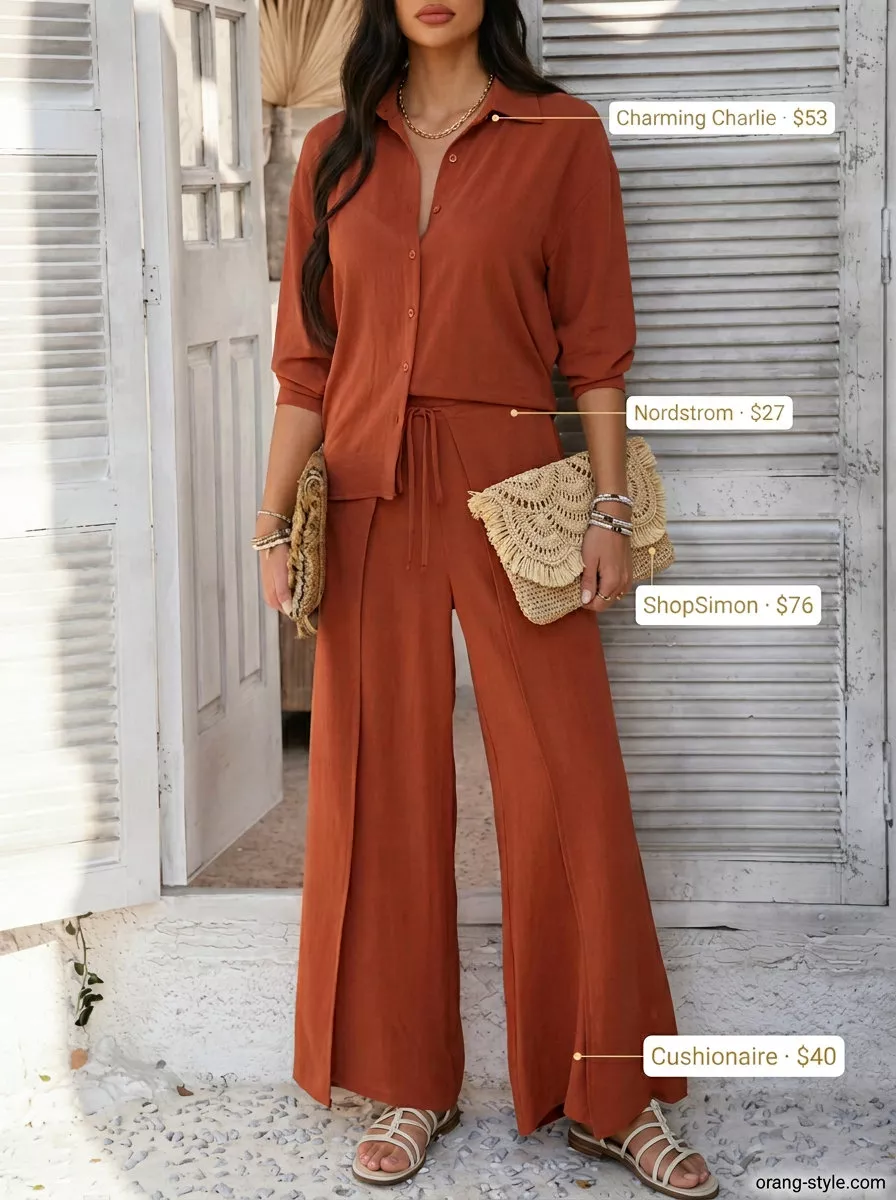 Terracotta linen set with minimalist sandals and straw clutch for hot weather summer outfits for women 2026.