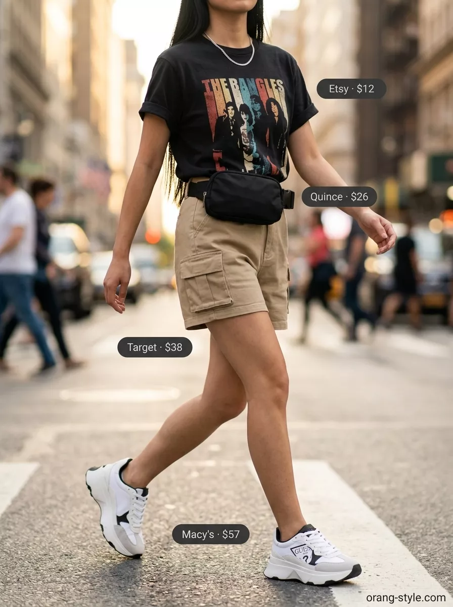 Hot weather summer outfits for women 2026: Khaki cargo shorts, graphic tee, chunky sneakers for city.