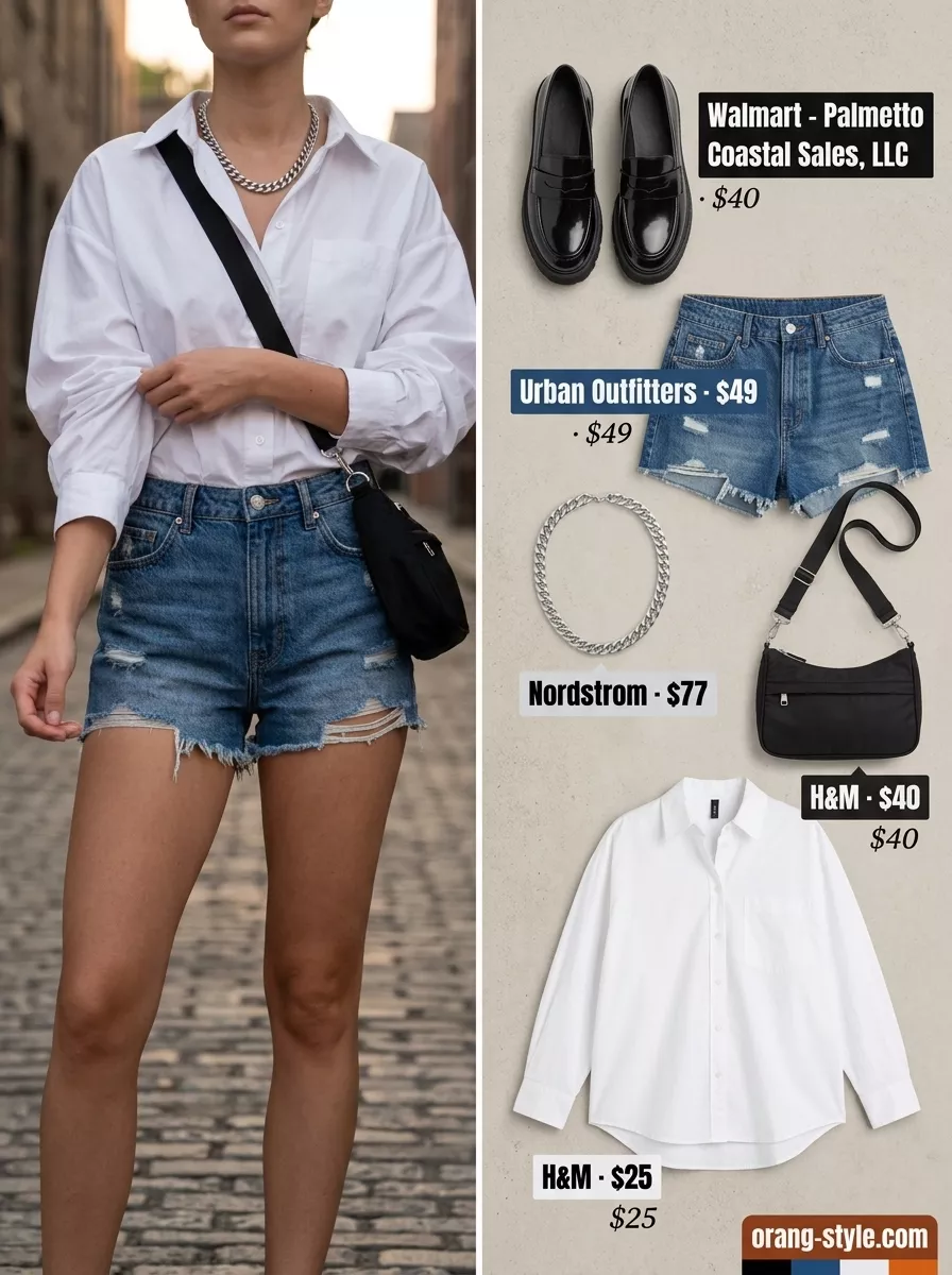 Hot weather summer outfits for women 2026: Denim shorts, oversized shirt, chunky loafers for city exploration.