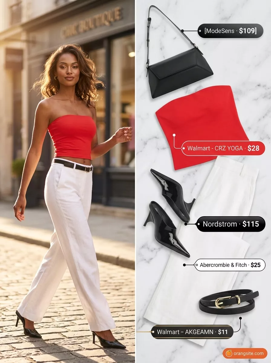 White wide-leg trousers with red bandeau top, black belt, and mules for hot weather summer outfits for women 2026.