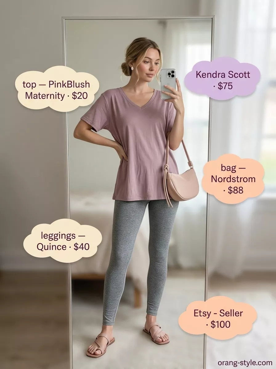 Feminine Legging Outfits Summer 2026: Blush Brunch Legging with oversized tee outfits summer for women 2026: Blush tee, grey leggings, flat sandals, mini shoulder bag.