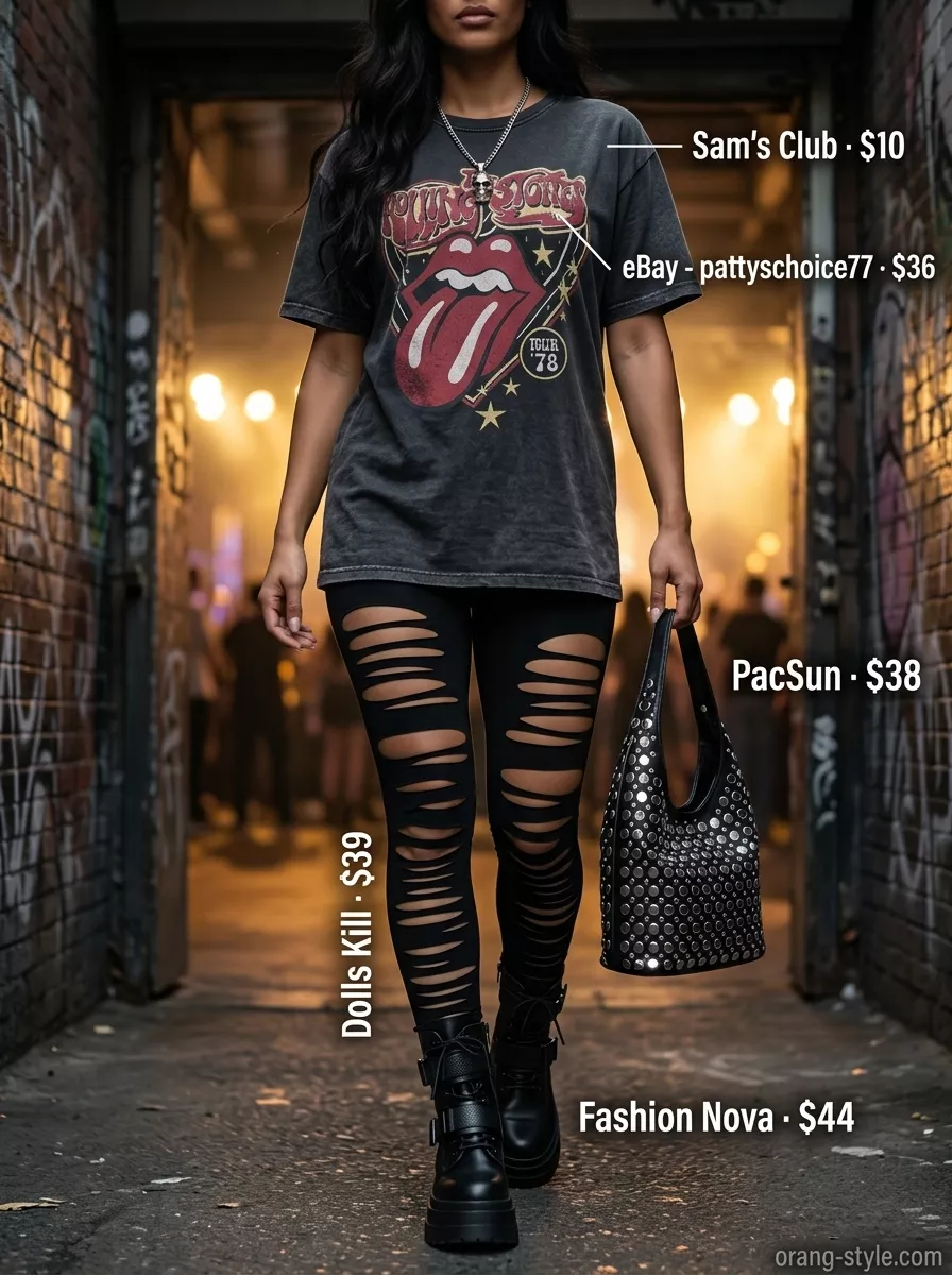 Edgy Legging Outfits Summer 2026: Concert Night Legging with oversized tee outfits summer for women 2026: Band tee, distressed black leggings, combat boots, silver necklace.