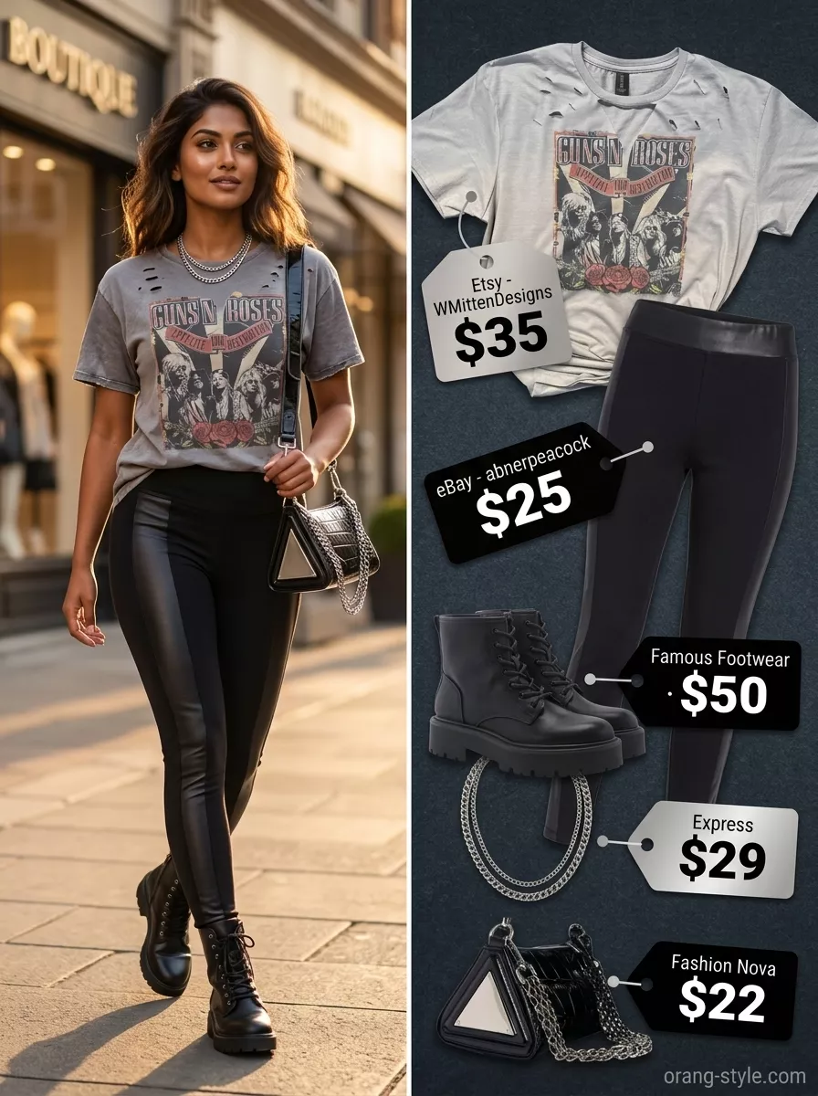 Edgy Legging Outfits Summer 2026: Concert Style Legging with oversized tee outfits summer for women 2026: Black faux leather leggings with band tee, combat boots, and mini bag.