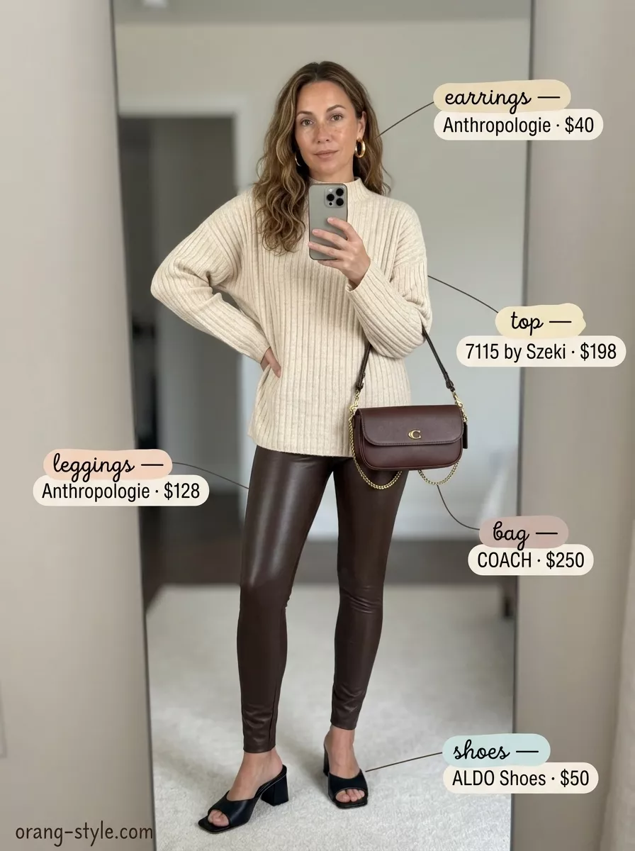 Chic Legging Outfits Summer 2026: Earthy Tones Legging with oversized tee outfits summer for women 2026: Camel ribbed tee, faux leather leggings, gold earrings, heeled mules.