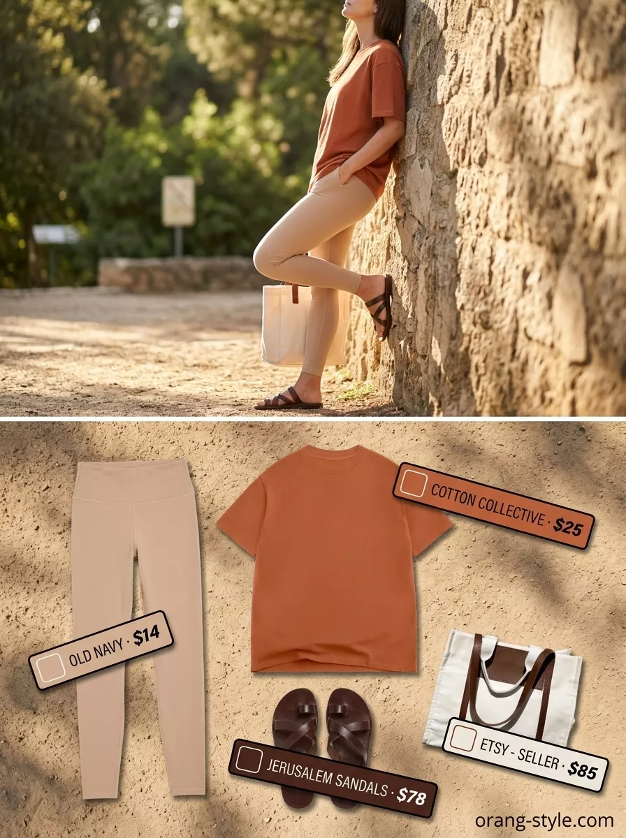 Earthy Legging Outfits Summer 2026: Minimalist Style Legging with oversized tee outfits summer for women 2026: Sand beige leggings with terracotta tee, leather slides, and canvas tote.