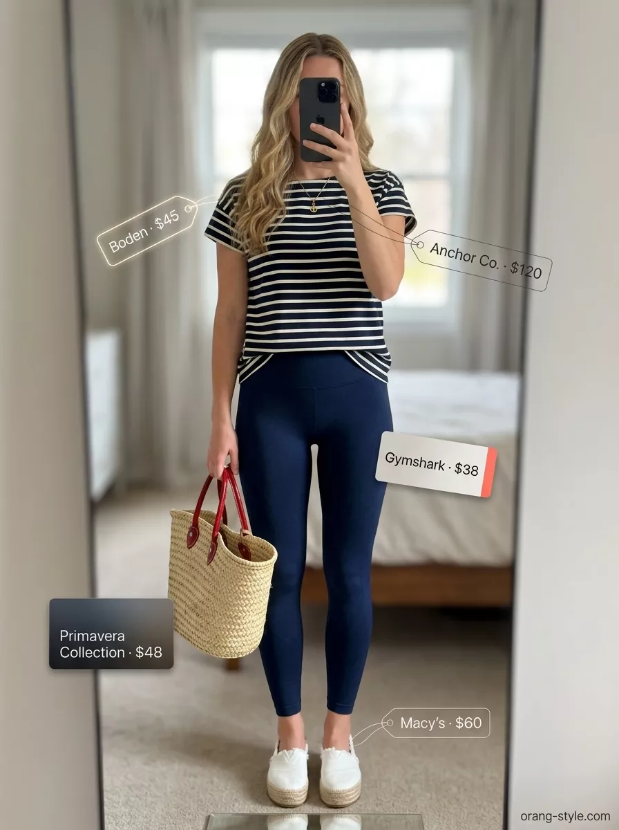 Nautical Legging Outfits Summer 2026: Seaside Chic Legging with oversized tee outfits summer for women 2026: Navy leggings with striped oversized tee, espadrilles, and straw tote.