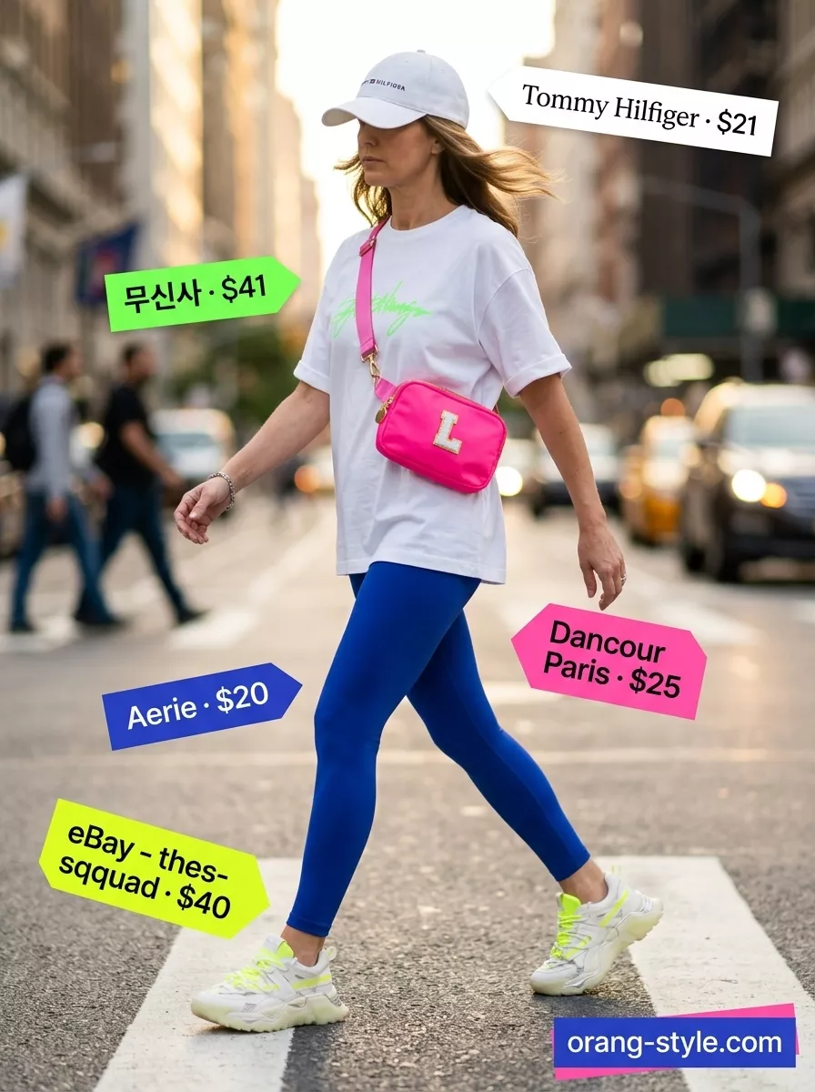 Sporty Legging Outfits Summer 2026: Street Style Legging with oversized tee outfits summer for women 2026: Cobalt blue leggings with neon graphic tee and chunky sneakers.