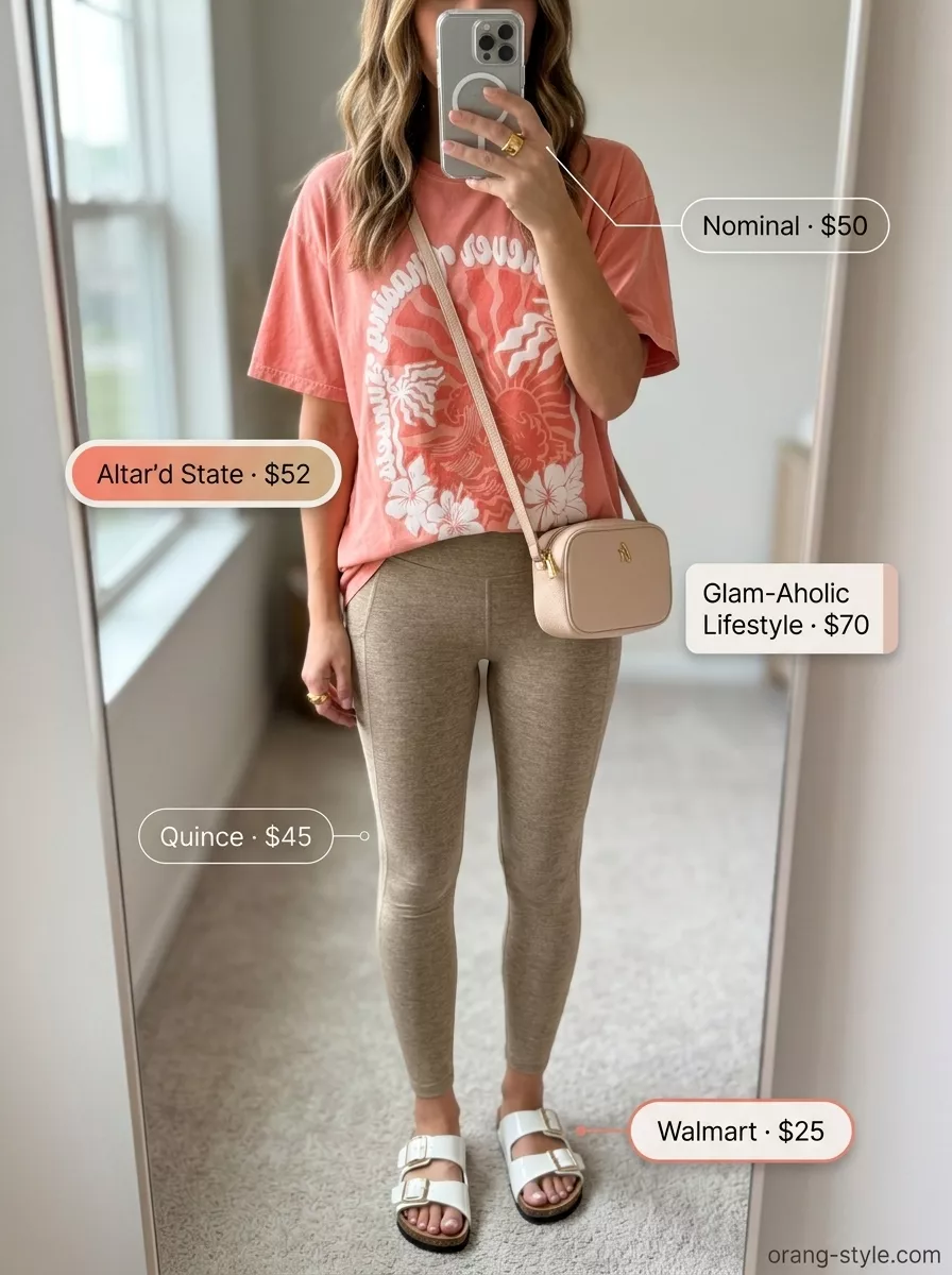 Playful Legging Outfits Summer 2026: Sunset Pop Legging with oversized tee outfits summer for women 2026: Coral graphic tee, tan leggings, white slides, gold ring.