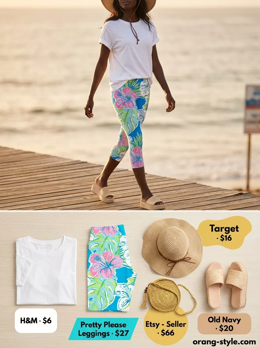 Tropical Legging Outfits Summer 2026: Vacation Style Legging with oversized tee outfits summer for women 2026: Tropical floral capri leggings with white oversized tee, espadrilles, and straw hat.