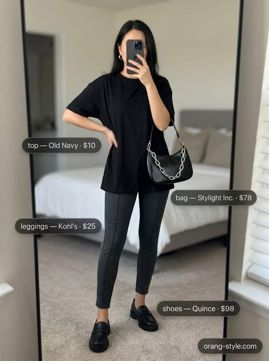 Sleek Legging Outfits Summer 2026: Urban Edge Legging with oversized tee outfits summer for women 2026: Charcoal leggings, black tee, loafers, silver hoops.