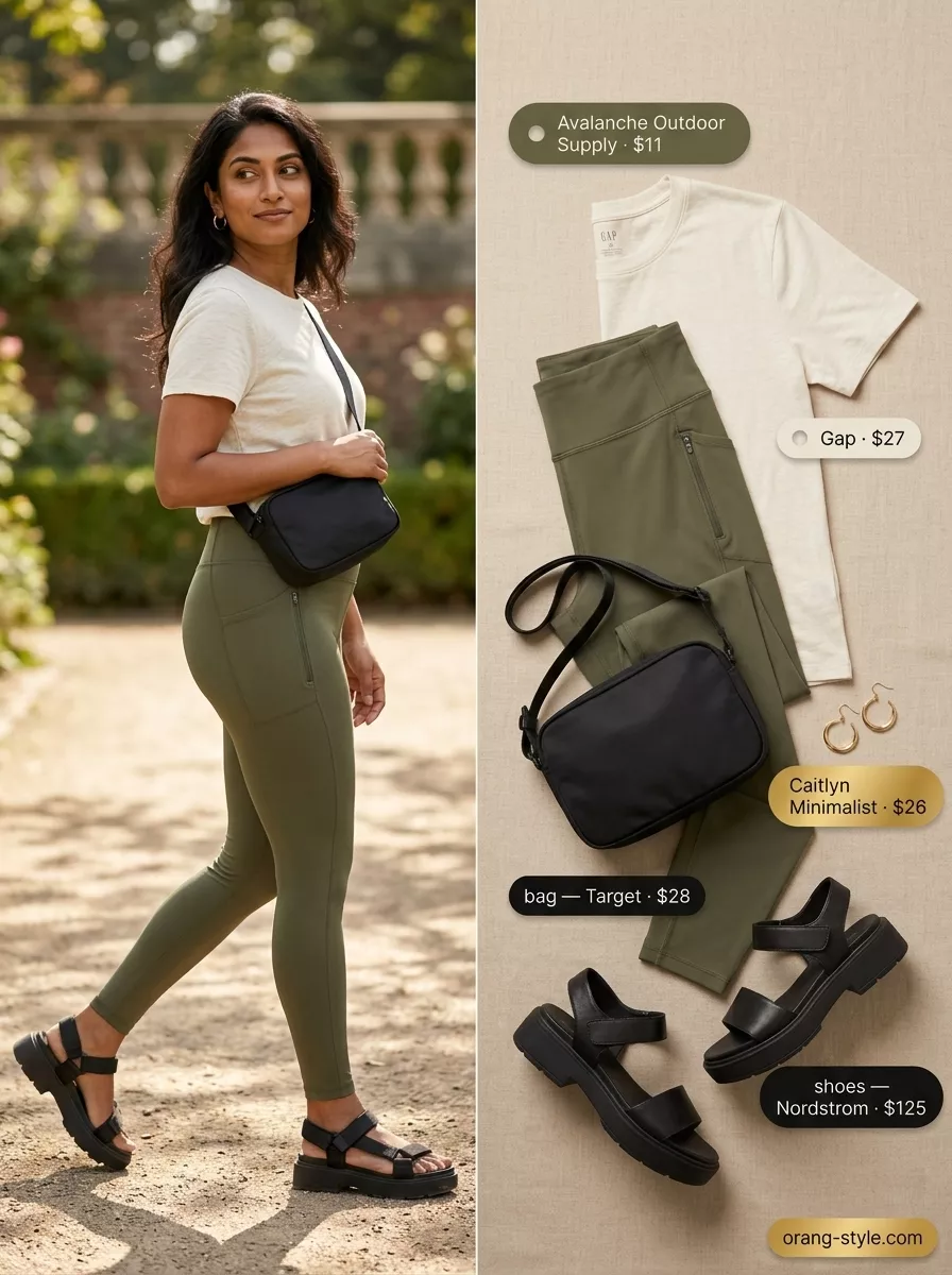 Adventure Legging Outfits Summer 2026: Urban Safari Legging with oversized tee outfits summer for women 2026: Olive cargo leggings, cream utility tee, platform sandals.